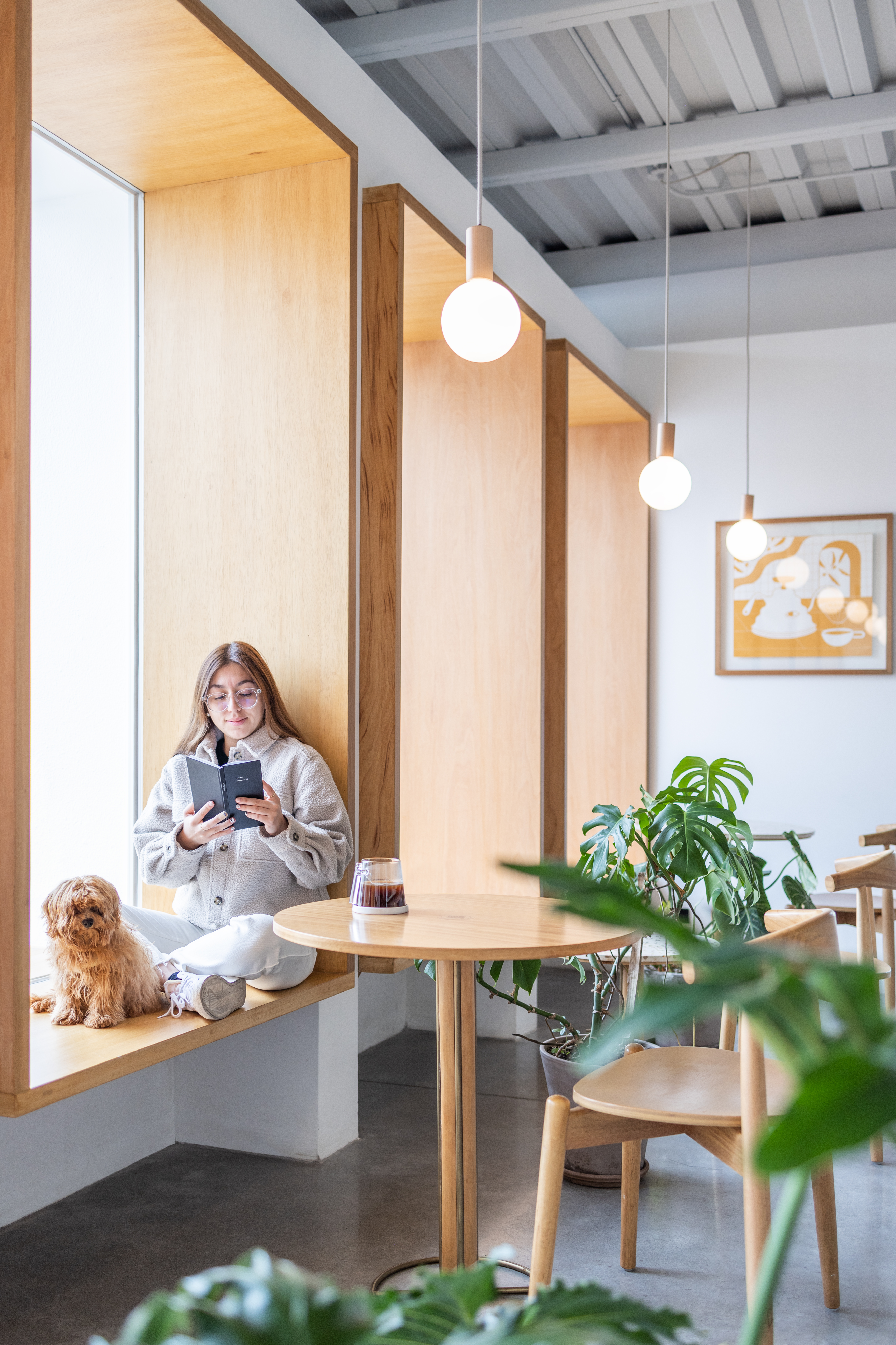 Wood architectural details and suspended lighting inside Coffee Relief Tumbaco